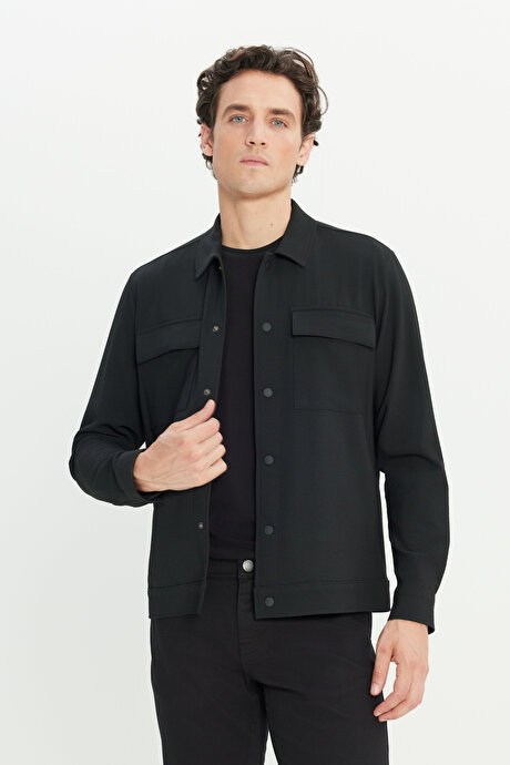 Comfort Fit Rahat Kesim Gömlek Yaka Ceket Siyah Gömlek Ceket resmi