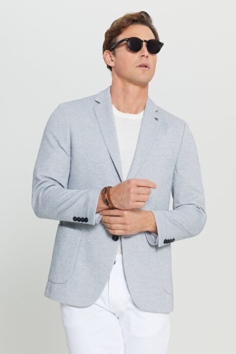 360 Her Yöne Esneyen Slim Fit Dar Kesim Mono Yaka Armürlü Torba Cepli Blazer İndigo Ceket resmi