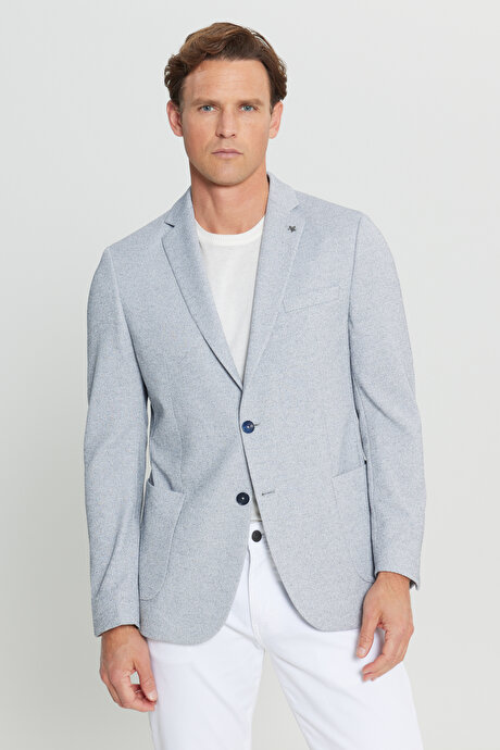 360 Her Yöne Esneyen Slim Fit Dar Kesim Mono Yaka Armürlü Torba Cepli Blazer İndigo Ceket resmi