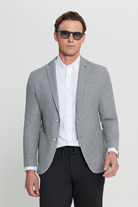 360 Her Yöne Esneyen Slim Fit Dar Kesim Mono Yaka Armürlü Torba Cepli Blazer Gri Ceket resmi