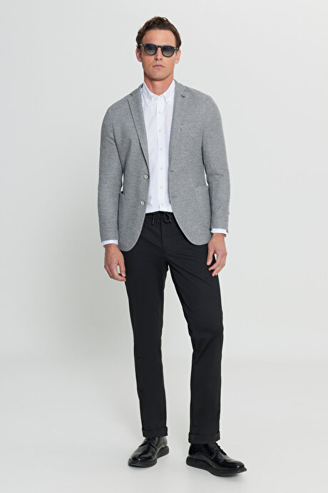360 Her Yöne Esneyen Slim Fit Dar Kesim Mono Yaka Armürlü Torba Cepli Blazer Gri Ceket resmi