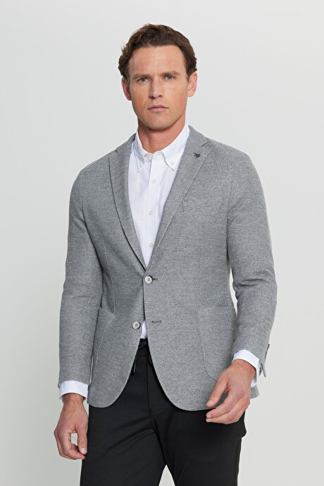 360 Her Yöne Esneyen Slim Fit Dar Kesim Mono Yaka Armürlü Torba Cepli Blazer Gri Ceket resmi