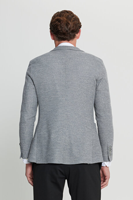 360 Her Yöne Esneyen Slim Fit Dar Kesim Mono Yaka Armürlü Torba Cepli Blazer Gri Ceket resmi