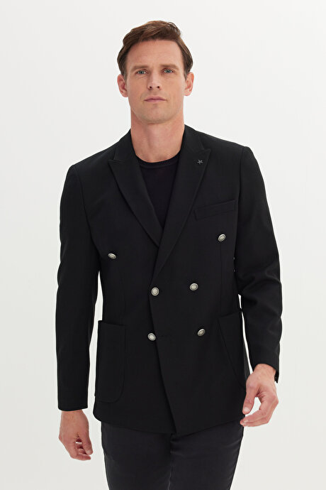 Slim Fit Dar Kesim Kırlangıç Yaka Armürlü Torba Cepli Kruvaze Blazer Siyah Ceket resmi