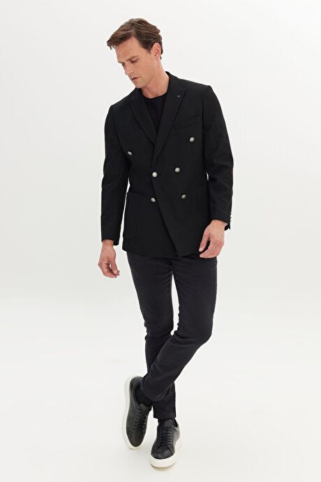 Slim Fit Dar Kesim Kırlangıç Yaka Armürlü Torba Cepli Kruvaze Blazer Siyah Ceket resmi
