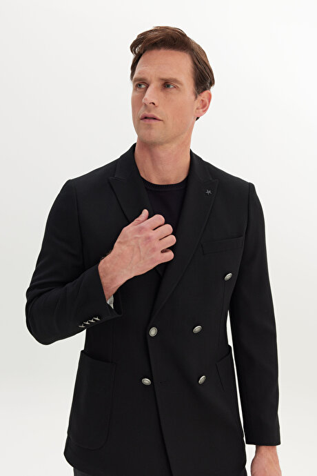 Slim Fit Dar Kesim Kırlangıç Yaka Armürlü Torba Cepli Kruvaze Blazer Siyah Ceket resmi