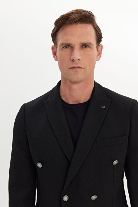 Slim Fit Dar Kesim Kırlangıç Yaka Armürlü Torba Cepli Kruvaze Blazer Siyah Ceket resmi