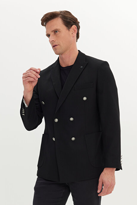 Slim Fit Dar Kesim Kırlangıç Yaka Armürlü Torba Cepli Kruvaze Blazer Siyah Ceket resmi