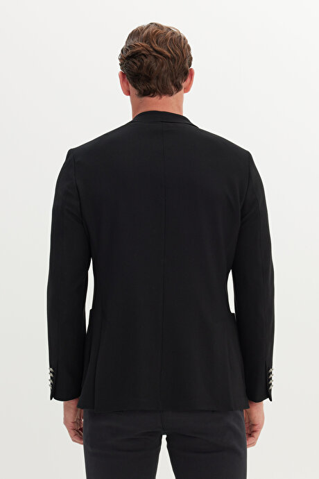 Slim Fit Dar Kesim Kırlangıç Yaka Armürlü Torba Cepli Kruvaze Blazer Siyah Ceket resmi