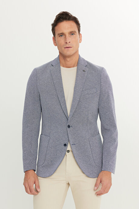 Pamuklu Slim Fit Dar Kesim Mono Yaka Armürlü Torba Cepli Blazer Lacivert Ceket resmi