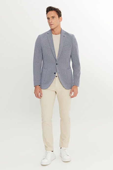 Pamuklu Slim Fit Dar Kesim Mono Yaka Armürlü Torba Cepli Blazer Lacivert Ceket resmi