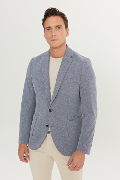 Pamuklu Slim Fit Dar Kesim Mono Yaka Armürlü Torba Cepli Blazer Lacivert Ceket resmi