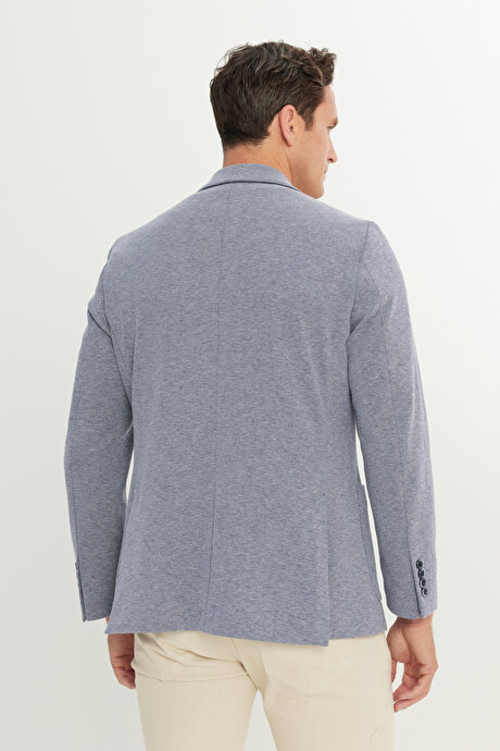 Pamuklu Slim Fit Dar Kesim Mono Yaka Armürlü Torba Cepli Blazer Lacivert Ceket resmi