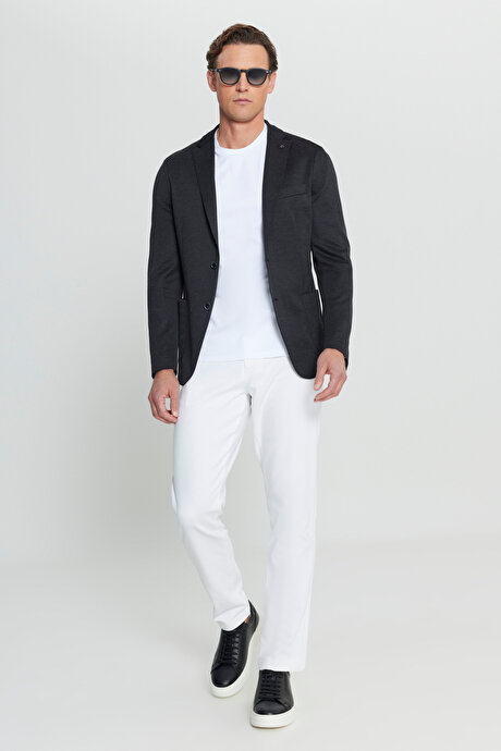 360 Her Yöne Esneyen Slim Fit Dar Kesim Mono Yaka Armürlü Blazer Siyah Ceket resmi