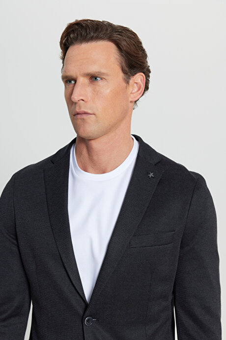 360 Her Yöne Esneyen Slim Fit Dar Kesim Mono Yaka Armürlü Blazer Siyah Ceket resmi