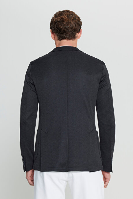 360 Her Yöne Esneyen Slim Fit Dar Kesim Mono Yaka Armürlü Blazer Siyah Ceket resmi