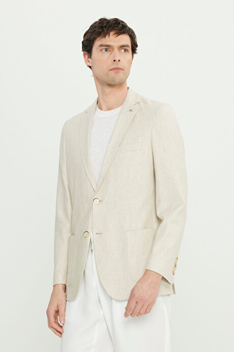 Yumuşak Dokulu Keten Slim Fit Dar Kesim Mono Yaka Diagonal Desenli Bej Ceket resmi