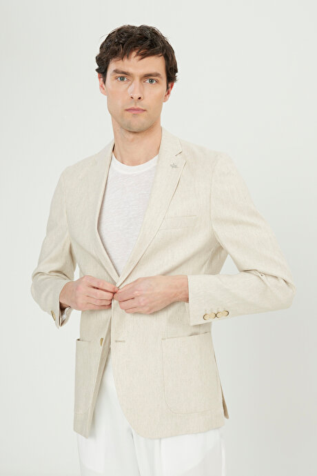 Yumuşak Dokulu Keten Slim Fit Dar Kesim Mono Yaka Diagonal Desenli Bej Ceket resmi
