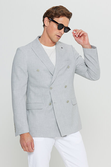 Slim Fit Dar Kesim Kırlangıç Yaka Armürlü Kapak Cepli Kruvaze Gri Ceket resmi