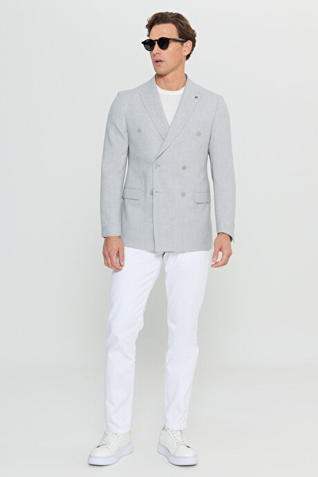 Slim Fit Dar Kesim Kırlangıç Yaka Armürlü Kapak Cepli Kruvaze Gri Ceket resmi