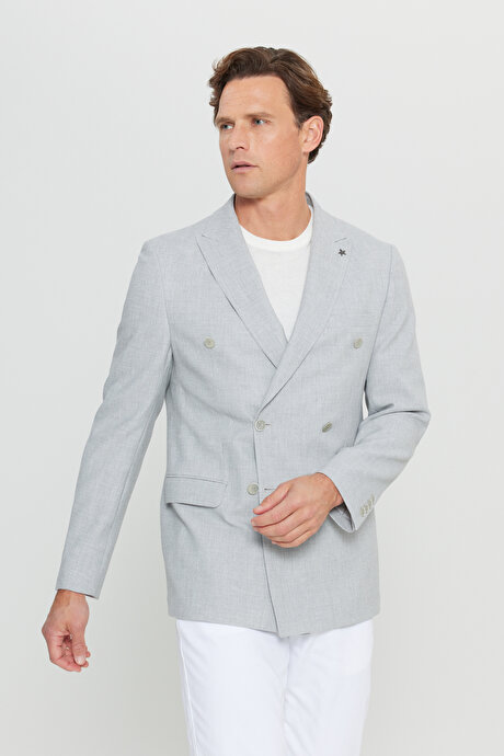 Slim Fit Dar Kesim Kırlangıç Yaka Armürlü Kapak Cepli Kruvaze Gri Ceket resmi