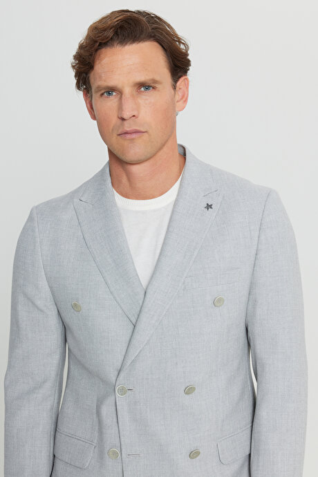 Slim Fit Dar Kesim Kırlangıç Yaka Armürlü Kapak Cepli Kruvaze Gri Ceket resmi