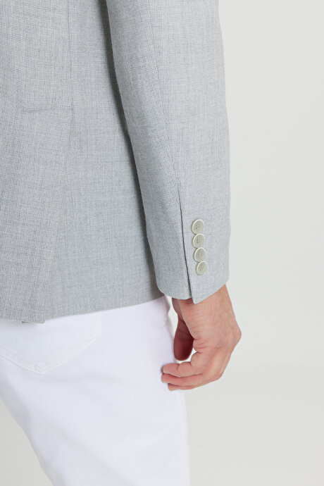 Slim Fit Dar Kesim Kırlangıç Yaka Armürlü Kapak Cepli Kruvaze Gri Ceket resmi