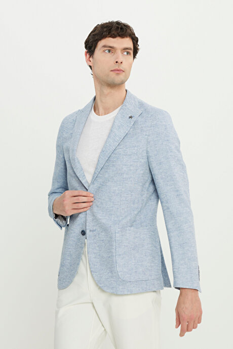 Keten Slim Fit Dar Kesim Kırlangıç Yaka Balıksırtı Desenli Blazer Mavi Ceket resmi