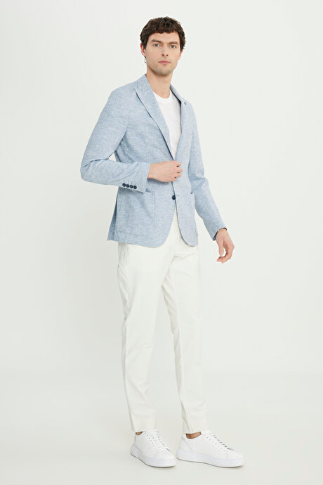 Keten Slim Fit Dar Kesim Kırlangıç Yaka Balıksırtı Desenli Blazer Mavi Ceket resmi