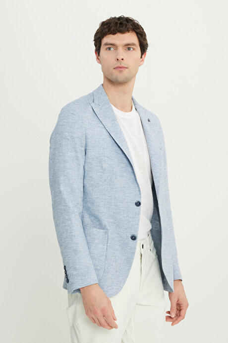 Keten Slim Fit Dar Kesim Kırlangıç Yaka Balıksırtı Desenli Blazer Mavi Ceket resmi