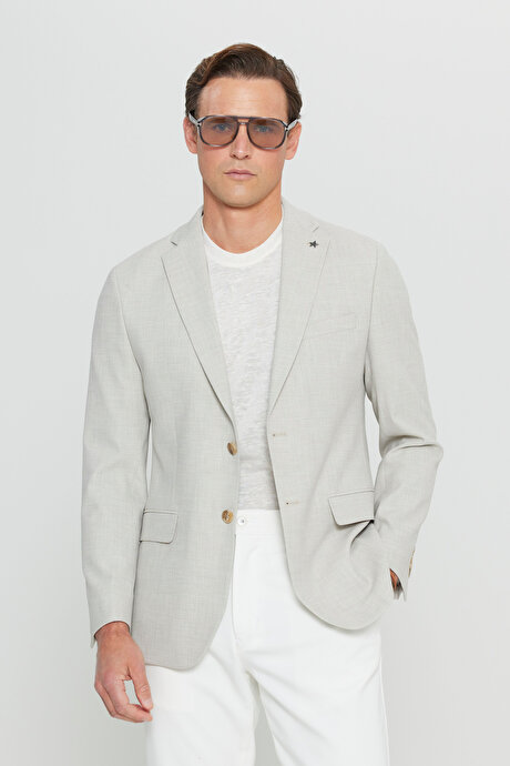 Yünlü Slim Fit Dar Kesim Mono Yaka Kapak Cepli Armürlü Blazer Bej Ceket resmi