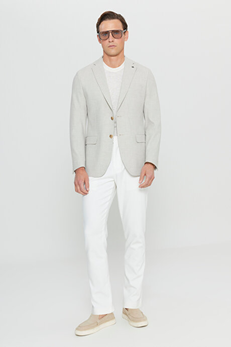 Yünlü Slim Fit Dar Kesim Mono Yaka Kapak Cepli Armürlü Blazer Bej Ceket resmi