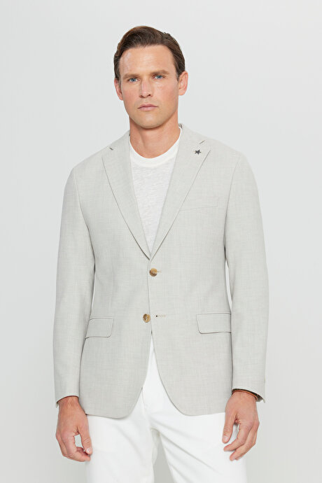 Yünlü Slim Fit Dar Kesim Mono Yaka Kapak Cepli Armürlü Blazer Bej Ceket resmi