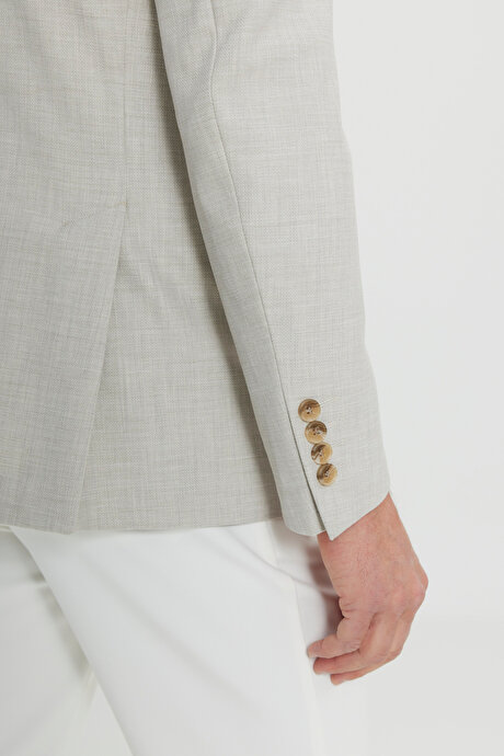 Yünlü Slim Fit Dar Kesim Mono Yaka Kapak Cepli Armürlü Blazer Bej Ceket resmi