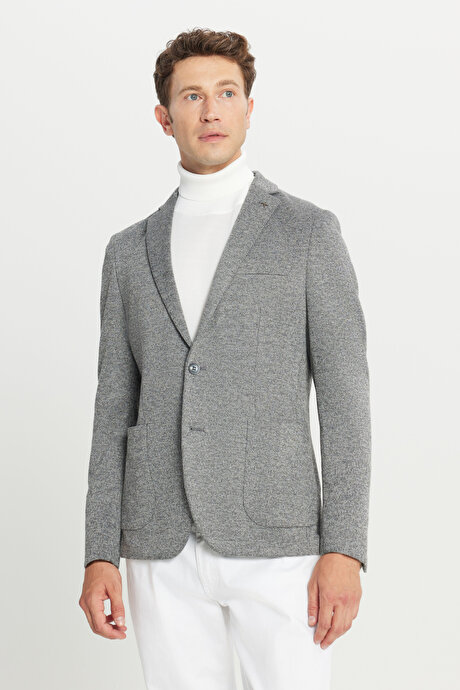 Pamuklu Slim Fit Dar Kesim Mono Yaka Torba Cepli Çizgili Antrasit Ceket resmi