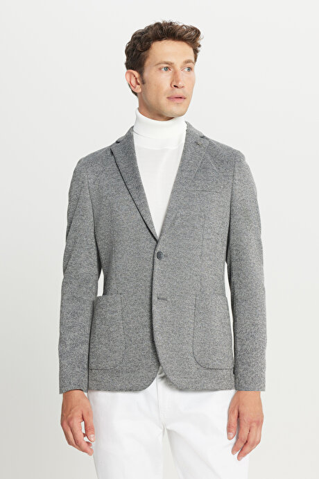 Pamuklu Slim Fit Dar Kesim Mono Yaka Torba Cepli Çizgili Antrasit Ceket resmi