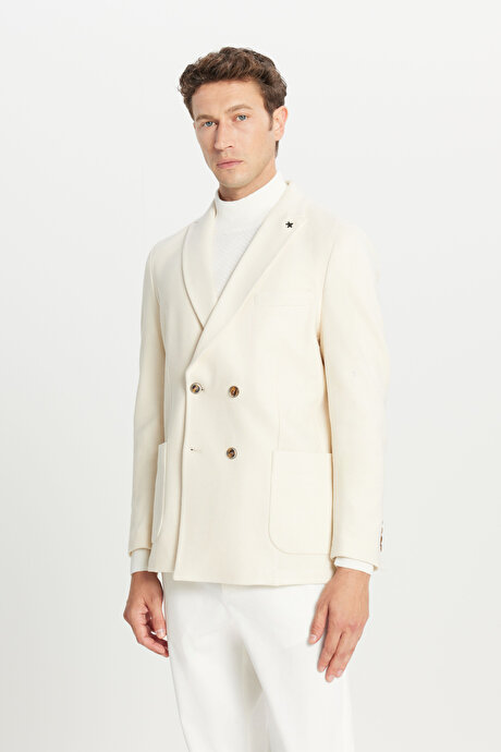 Slim Fit Dar Kesim Kırlangıç Yaka Torba Cepli Kruvaze Ekru Ceket resmi