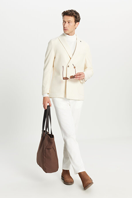 Slim Fit Dar Kesim Kırlangıç Yaka Torba Cepli Kruvaze Ekru Ceket resmi