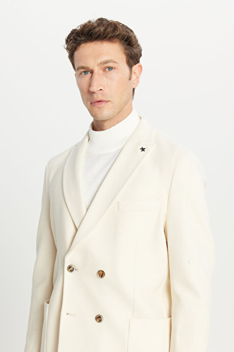 Slim Fit Dar Kesim Kırlangıç Yaka Torba Cepli Kruvaze Ekru Ceket resmi