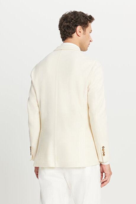 Slim Fit Dar Kesim Kırlangıç Yaka Torba Cepli Kruvaze Ekru Ceket resmi