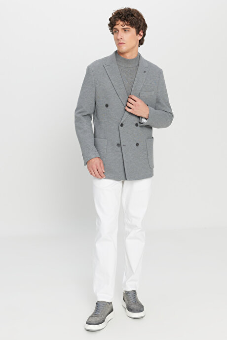 Slim Fit Dar Kesim Kırlangıç Yaka Torba Cepli Esnek Kruvaze Gri Ceket resmi