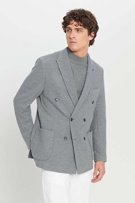 Slim Fit Dar Kesim Kırlangıç Yaka Torba Cepli Esnek Kruvaze Gri Ceket resmi