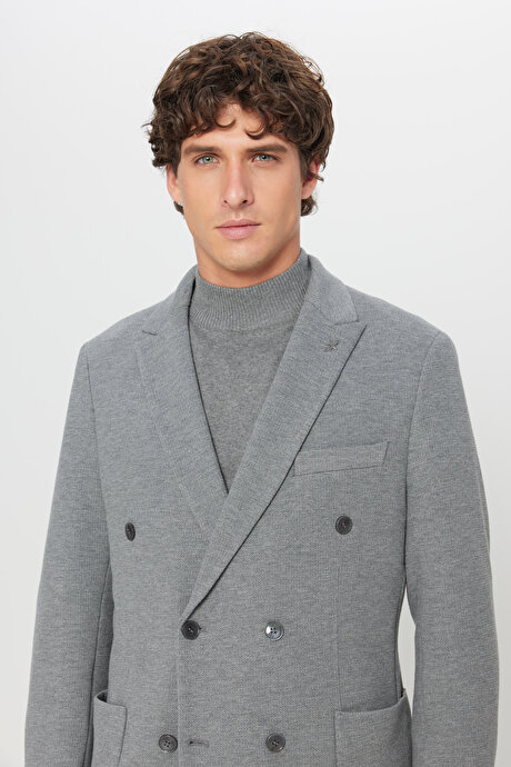 Slim Fit Dar Kesim Kırlangıç Yaka Torba Cepli Esnek Kruvaze Gri Ceket resmi