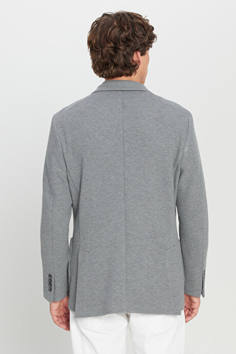 Slim Fit Dar Kesim Kırlangıç Yaka Torba Cepli Esnek Kruvaze Gri Ceket resmi