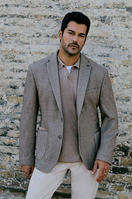 Yünlü Slim Fit Dar Kesim Mono Yaka Torba Cepli Esnek Bej Ceket resmi