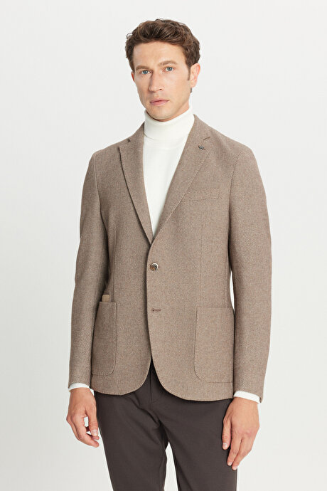 Yünlü Slim Fit Dar Kesim Mono Yaka Torba Cepli Esnek Bej Ceket resmi