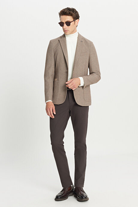 Yünlü Slim Fit Dar Kesim Mono Yaka Torba Cepli Esnek Bej Ceket resmi