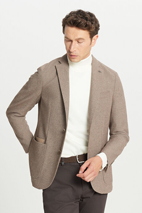 Yünlü Slim Fit Dar Kesim Mono Yaka Torba Cepli Esnek Bej Ceket resmi