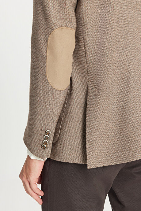 Yünlü Slim Fit Dar Kesim Mono Yaka Torba Cepli Esnek Bej Ceket resmi