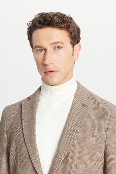 Yünlü Slim Fit Dar Kesim Mono Yaka Torba Cepli Esnek Bej Ceket resmi